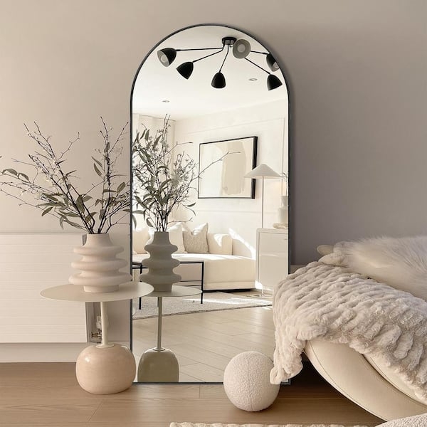 Floor Mirror Arched Top Thin Aluminum Frame Leaning Design