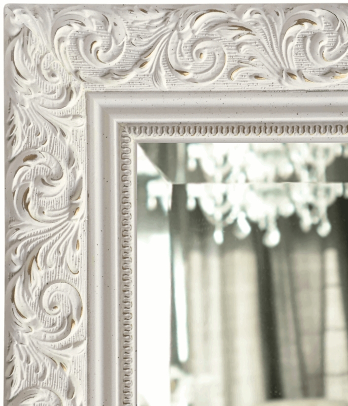 Floor Mirror, Embossed French Ornate Frame, Antique Whitewash