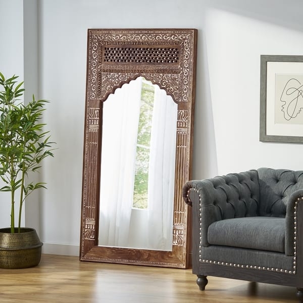 Floor Mirror: Full Length Whitewashed Wood with Floral Carvings