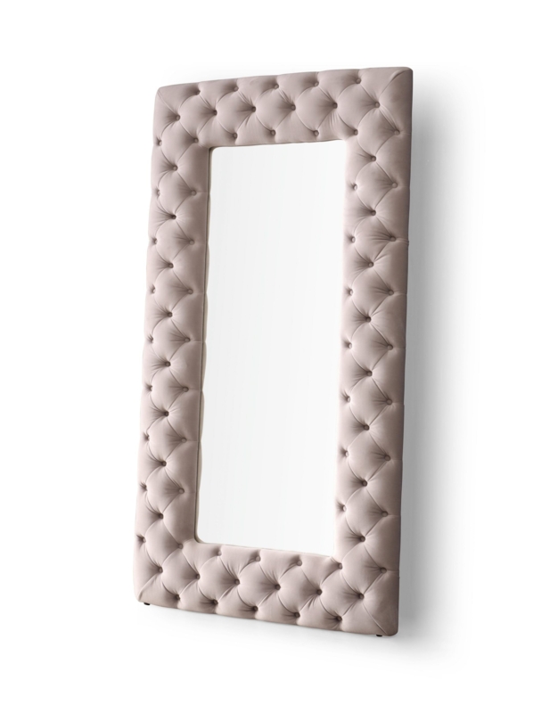 Floor Mirror Rectangular Grey Velvet Frame Textured Upholstery Leaning
