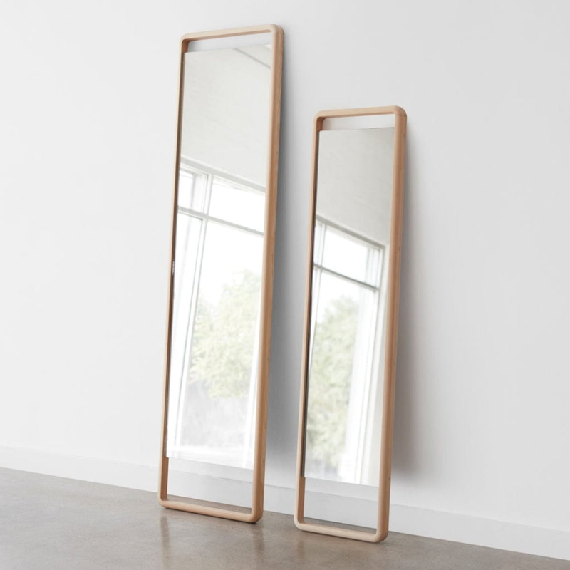 Floor Mirror Wide Hinoki Wood Frame Natural Leaning Japandi Style
