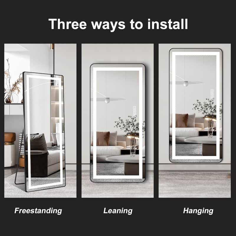 Floor Mirror Wood Frame Rounded Corners LED Illuminated Bracket