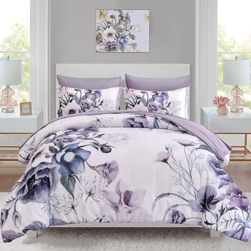 Floral Comforter Set Large Scale Botanical Print Vibrant Purple Palette