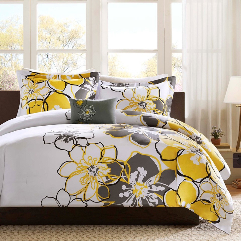 Floral Comforter Set Oversized Floral Print Sunny Yellow Cheerful Decor