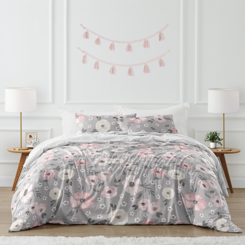 Floral Comforter Set Watercolor Floral Print Mixed Pattern Shabby Chic