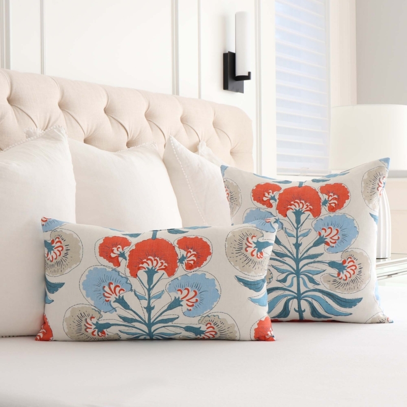 Floral Throw Pillow Block Print Coral Blue Palette Linen Coastal Style