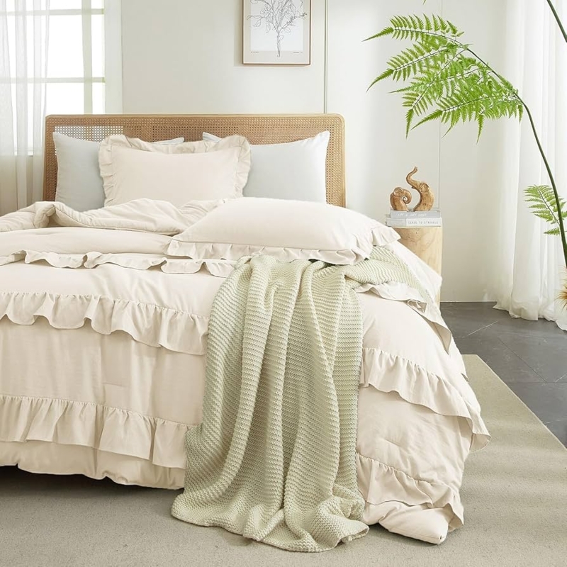 Flounced Ruffle Comforter Set Farmhouse Cream Bedding Styling