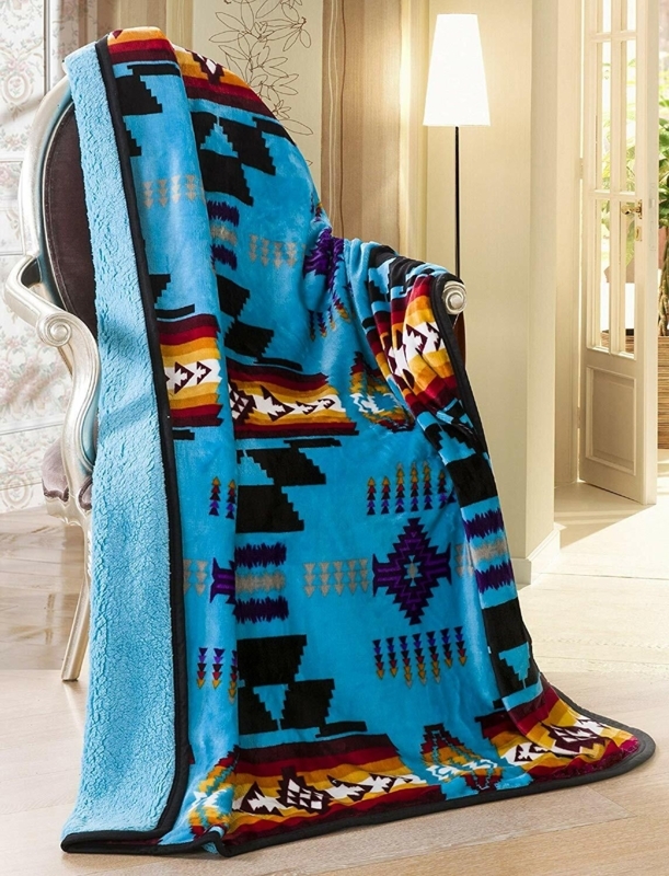 Folded Throw Blanket with Navajo Geometric Print and Sherpa Backing