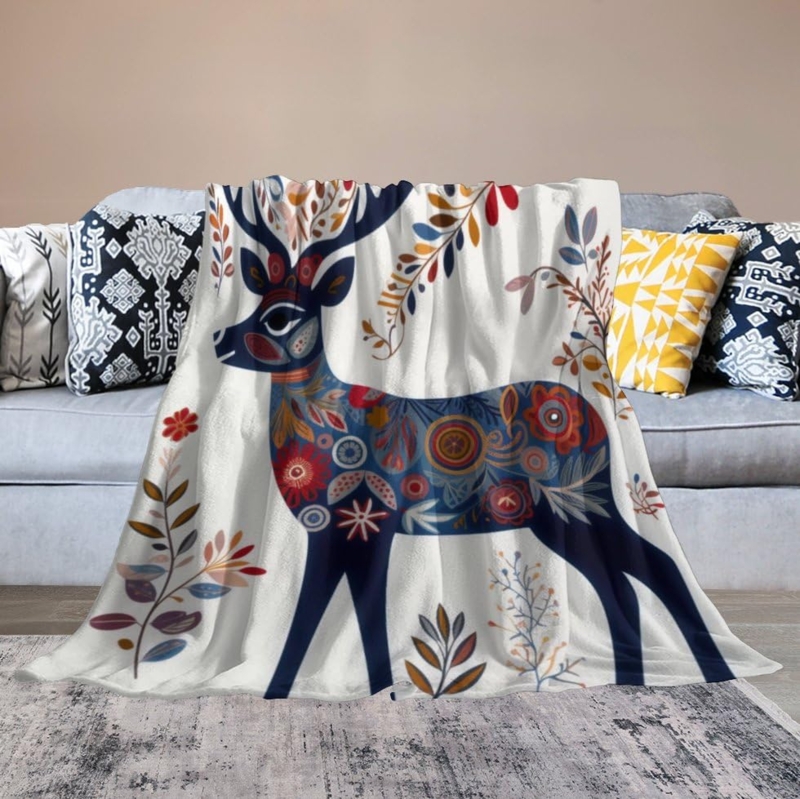 Forest Green Fleece Blanket, Scandinavian Folk Art Deer Pattern