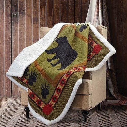 Forest Green Rustic Decor Quilted Throw Blanket Bear Motif