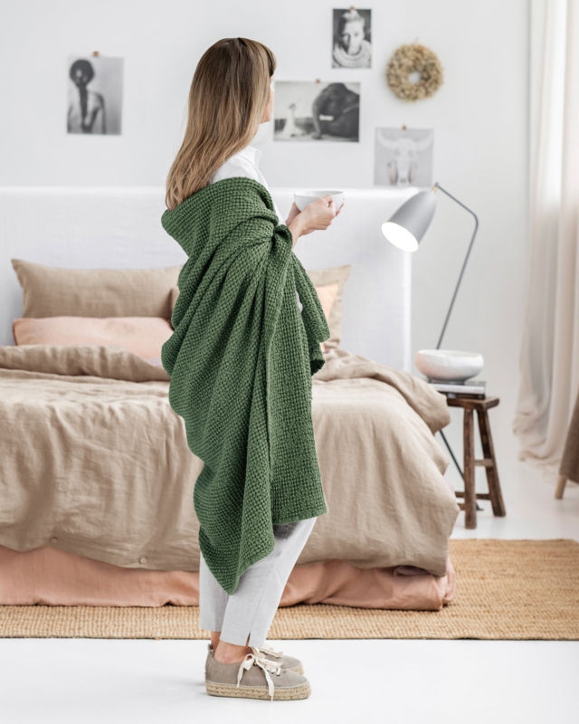 Forest Green Waffle Throw Blanket with Fringed Hem Styling