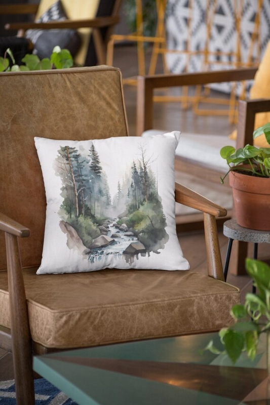 Forest Landscape Throw Pillow Woven Linen Texture Print