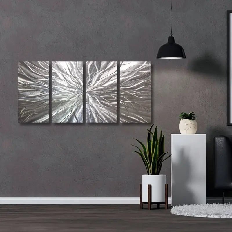 Four-Piece Metal Wall Art Set with Radial Texture and Square Panels