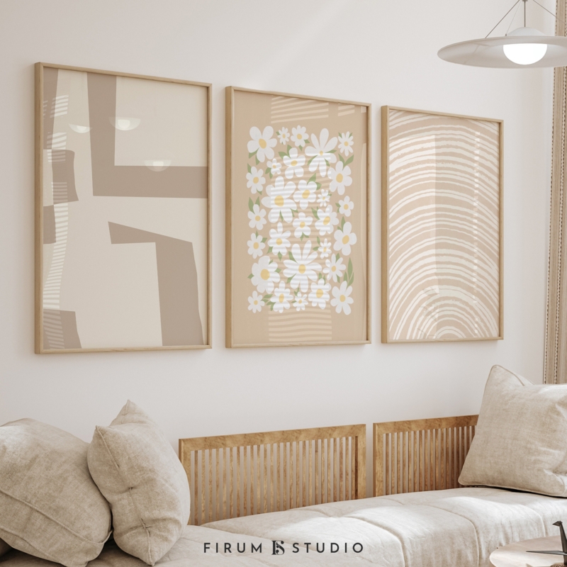 Framed Botanical Triptych: Abstract Prints in Beige Tones