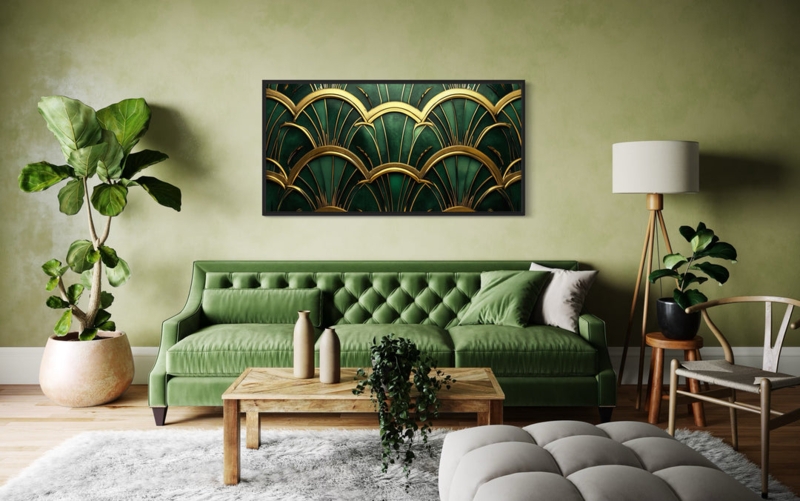 Framed Canvas Art Emerald Gold Art Deco Motif Horizontal Geometric