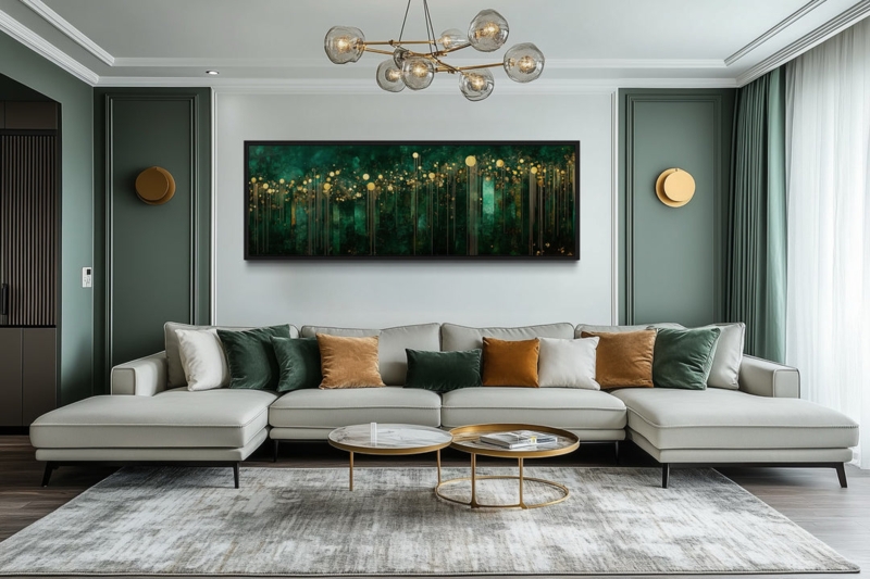 Framed Canvas Art Oversized Landscape Emerald Gold Abstract Glam