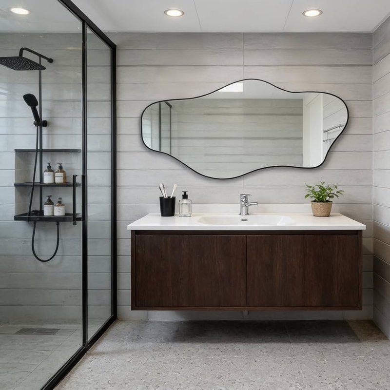 Frameless Asymmetrical Wall Mirror with Organic Wavy Edge Design