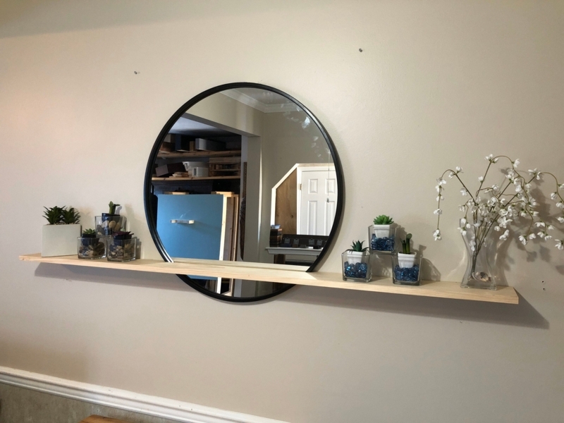 Frameless Circular Wall Mirror with Floating Wood Toned Shelf