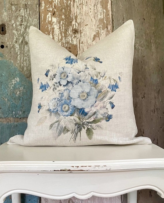 French Country Throw Pillow with Blue Botanical and Bird Motif