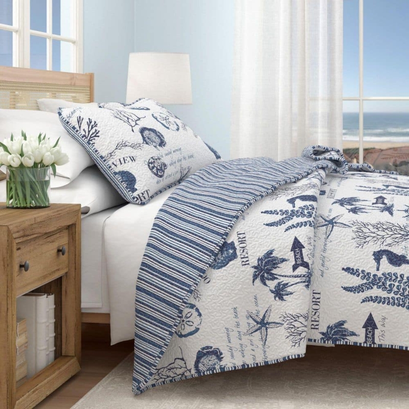 FRESHFOLDS Blue Nautical Coastal Themed King Microrfiber 3-Piece Quilt Set  Bedspread GB90038 - The Home Depot
