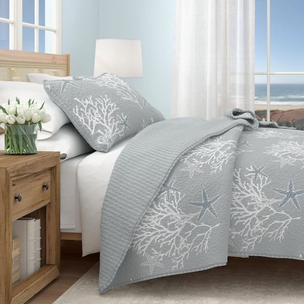 FreshFolds King Quilt Set with Shams - Pearl Blue Microfiber