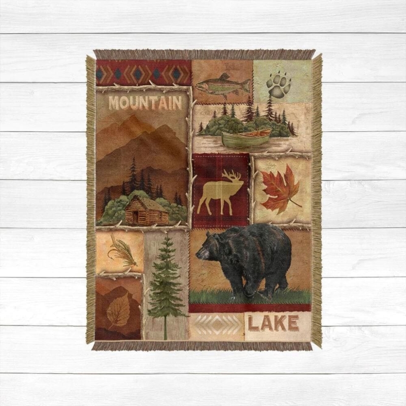 Fringed Lodge Collage Throw Blanket Woven Wildlife Pattern