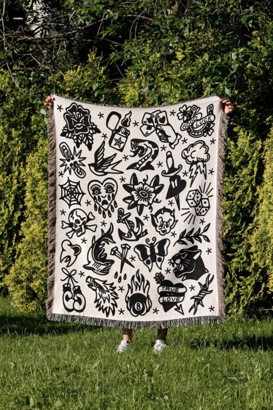 Fringed Throw Blanket with Traditional Tattoo Flash Art Graphics