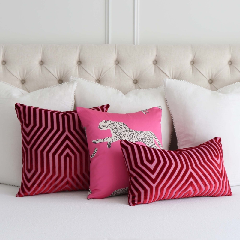 Fuchsia Throw Pillow Cut Velvet Geometric Fretwork Pattern Glam Style