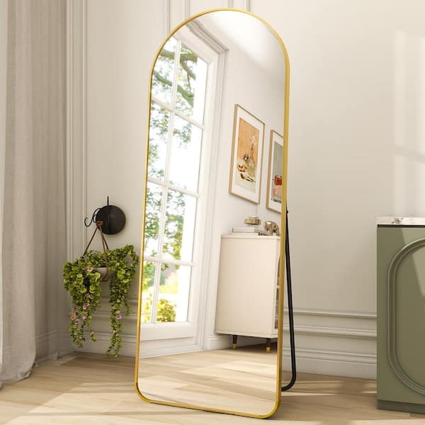 Full Length Mirror Arched Slim Bezel Brushed Gold Metal Leaning
