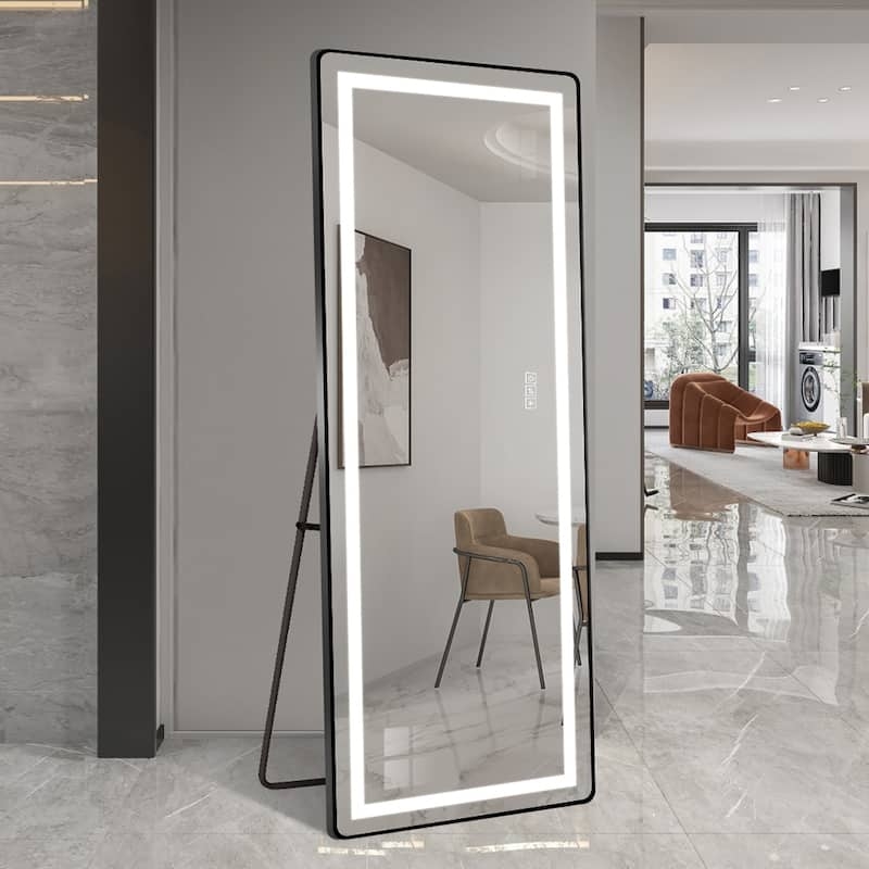 Full Length Mirror LED Illuminated Silver Metal Frame Floor Stand