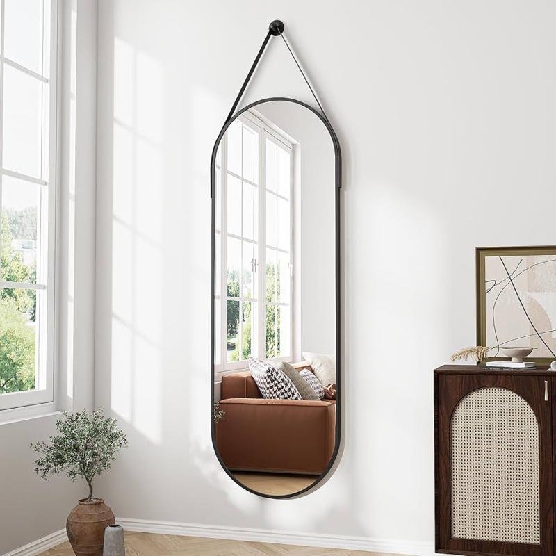 Full Length Mirror Oval Silhouette with Hanging Strap Black Frame