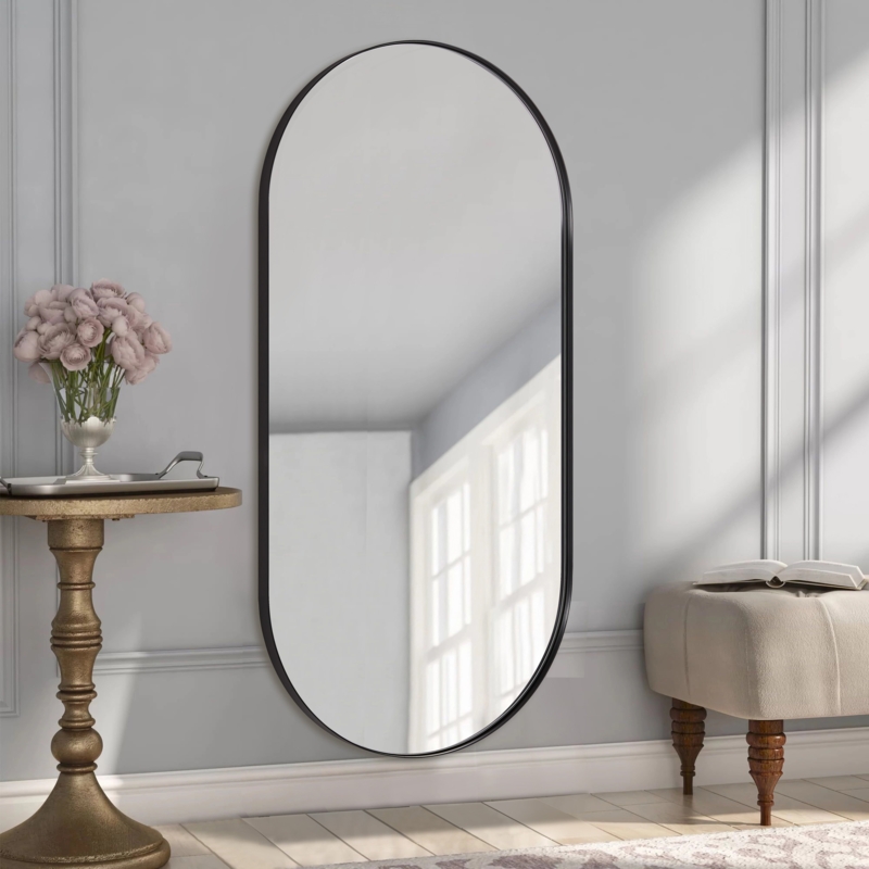 Full Length Mirror Pill Shaped Leaning Design Thin Black Frame