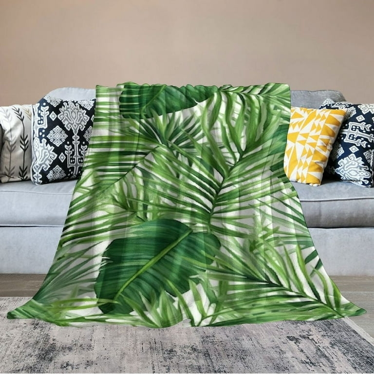 Fuzzy Flannel Throw Blanket with Large Scale Green Botanical Print