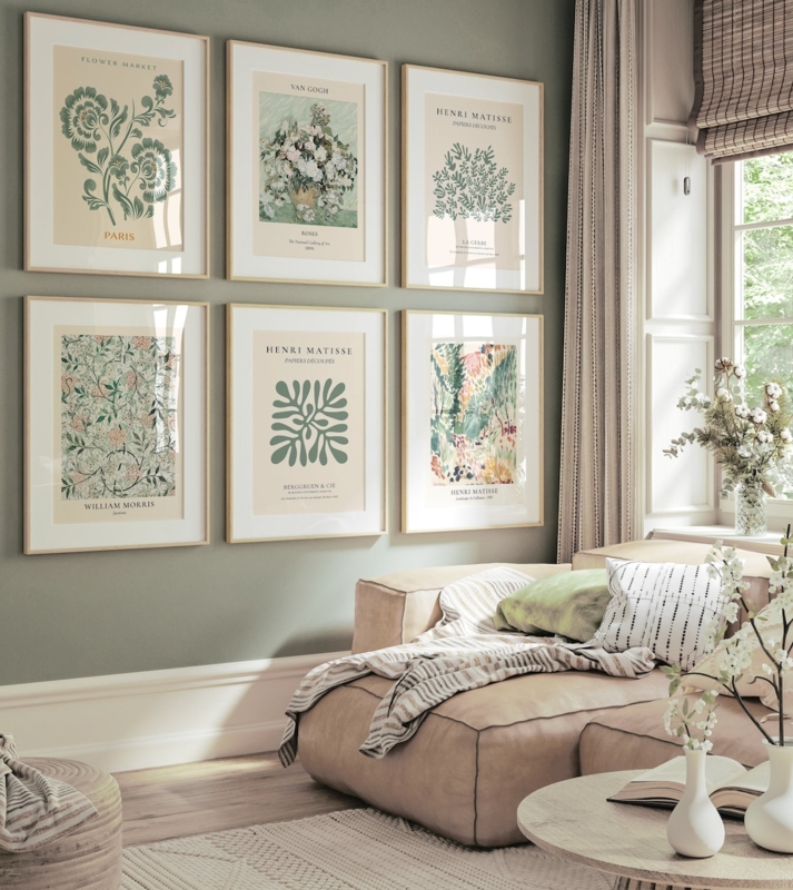 Gallery Wall Set Curated Botanical Prints Sage Green Light Wood