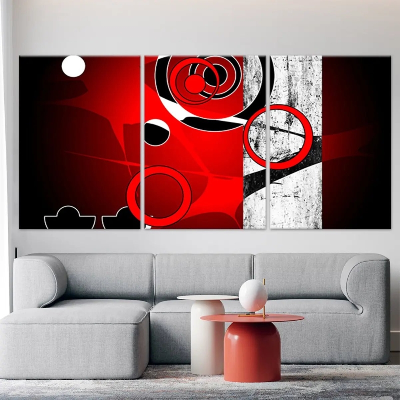 Geometric Canvas Art Crimson Accents Linen Texture Background