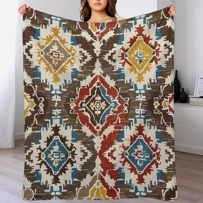 Geometric Moroccan Ikat Throw, Plush Fleece, Bohemian Style