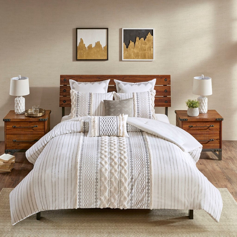 Geometric Tufted Comforter Set, Charcoal Embroidery Ivory Boho Bedding