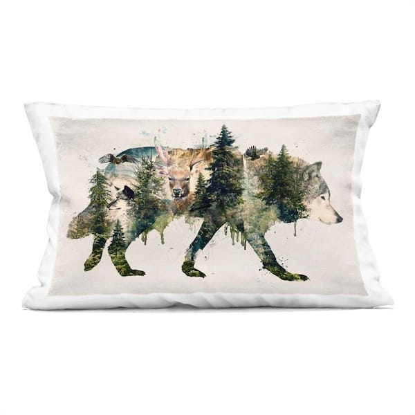 Geometric Wolf Print Throw Pillow Lumbar with Sage Green