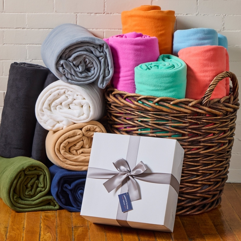 Gift Packaged Throw Blanket Navy Blue Plush Texture Ribbon Accent