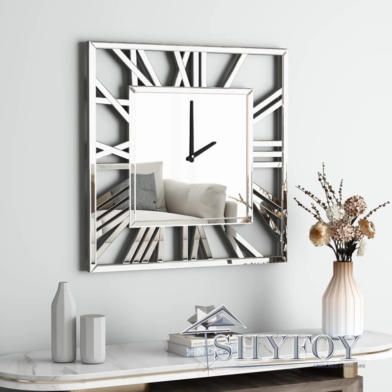 Glam Mirrored Wall Clock Square Frame Crushed Diamond Roman Numeral