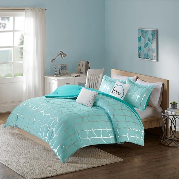 Glam Navy Blue Comforter Set Metallic Geometric Print Shimmer Texture