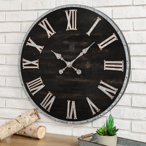 Glitzhome Oversized Farmhouse Wooden & Galvanized Wall Clock, Black