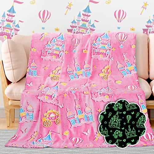 Glow In The Dark Throw Blanket Pink Castle Pattern Whimsical Plush