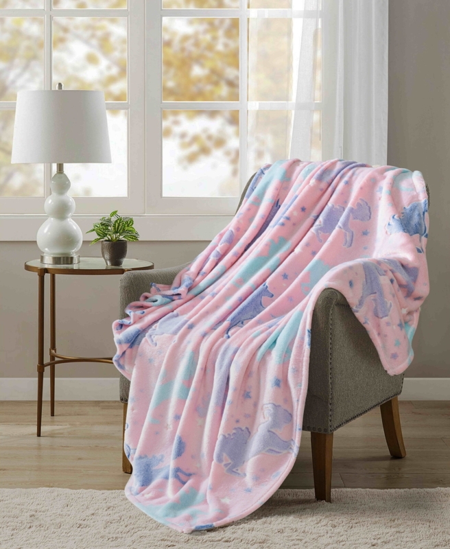 Glow in the Dark Throw Blanket, Pink Unicorn Pattern, Plush Velvet (67 chars)