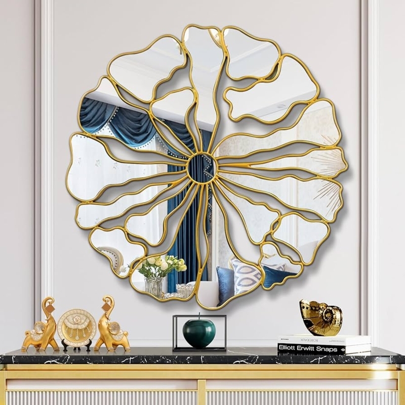 Gold Accent Mirror, Flower Shaped Wire Frame, Radiating Spokes