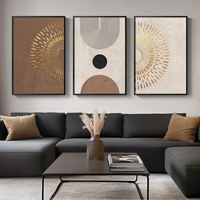 Gold And Brown Geometric Art, Large Scale Triptych Canvas Set