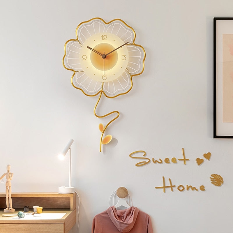 Gold Wall Clock Minimalist Wireframe Flower Shaped Floral Decor