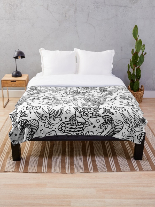 Graphic Throw Blanket with Tattoo Flash Print and White Fringe Trim