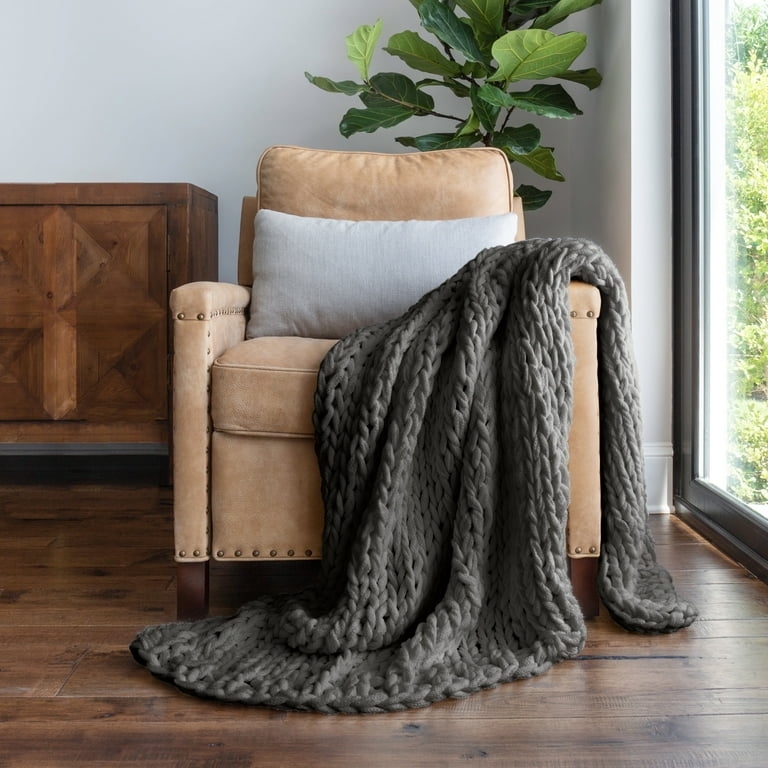 Gray Chunky Knit Throw Blanket, Oversized Hand Knit