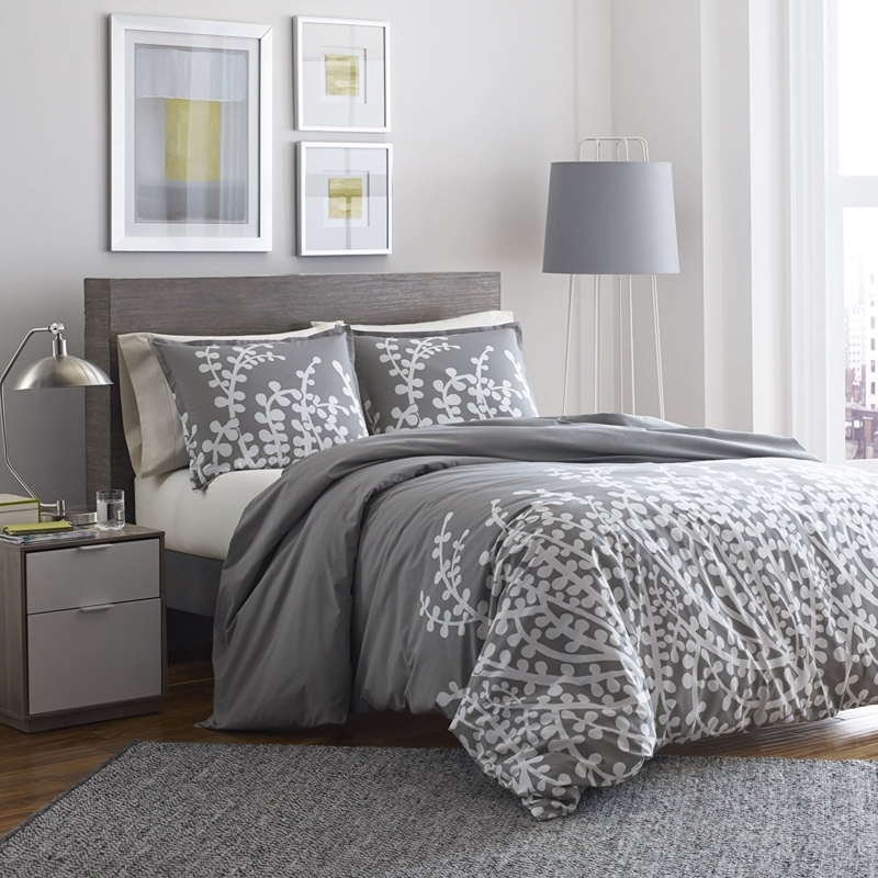 Gray Floral Branch Comforter Set, White Monochromatic Bedding Style